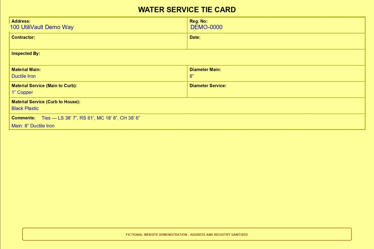 Sanitized front page of an actual completed UtiliVault tie card